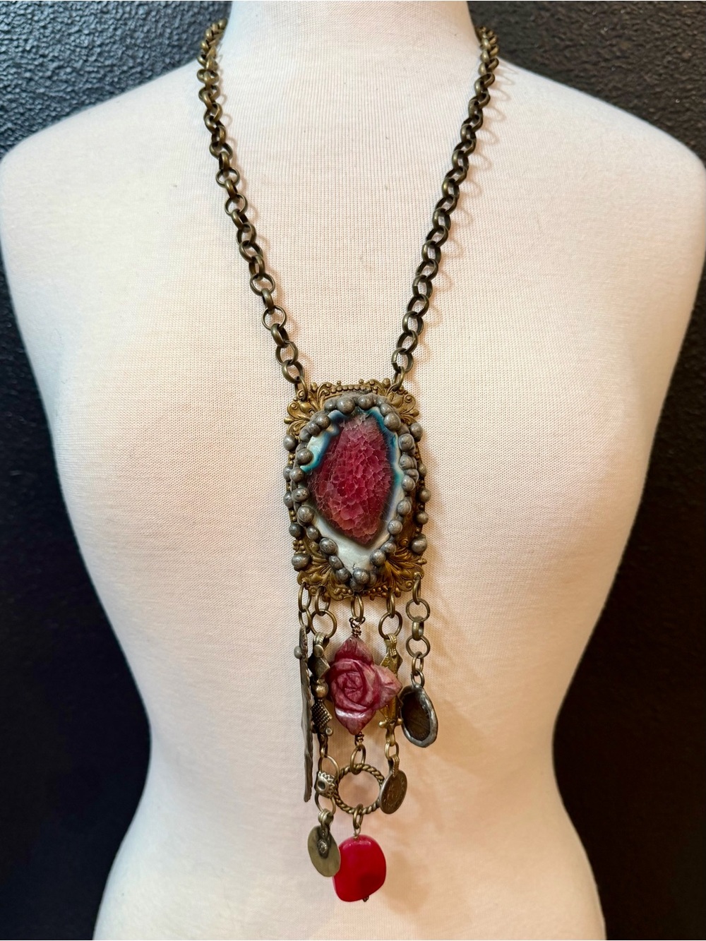 Antique-Style Red Pendant Necklace with Mixed Charm Drop